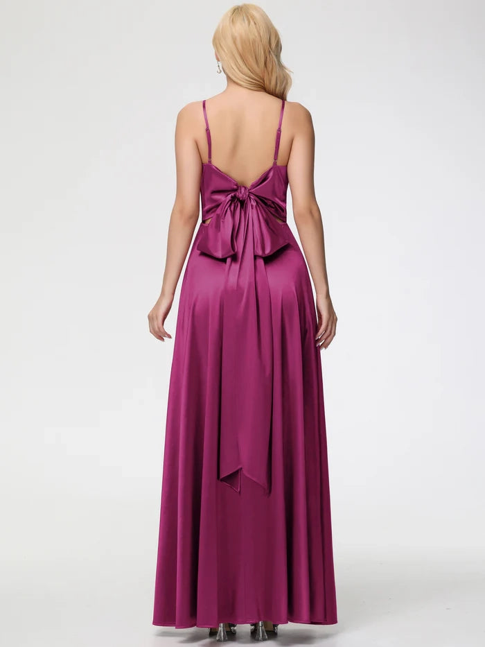 Fuchsia Prom Dress A Line V Neck Spaghetti Straps Sleeveless Satin Prom Dresses