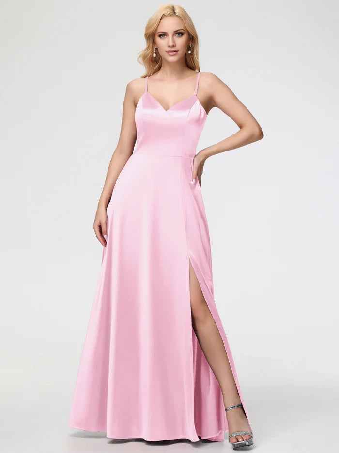 Fuchsia Prom Dress A Line V Neck Spaghetti Straps Sleeveless Satin Prom Dresses
