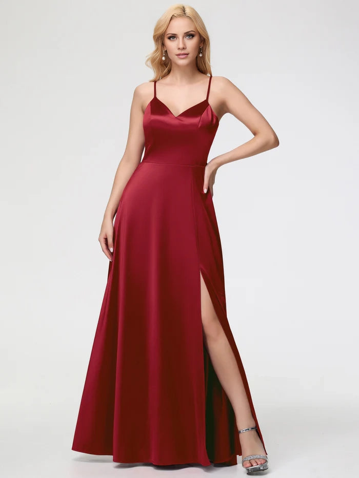 Fuchsia Prom Dress A Line V Neck Spaghetti Straps Sleeveless Satin Prom Dresses