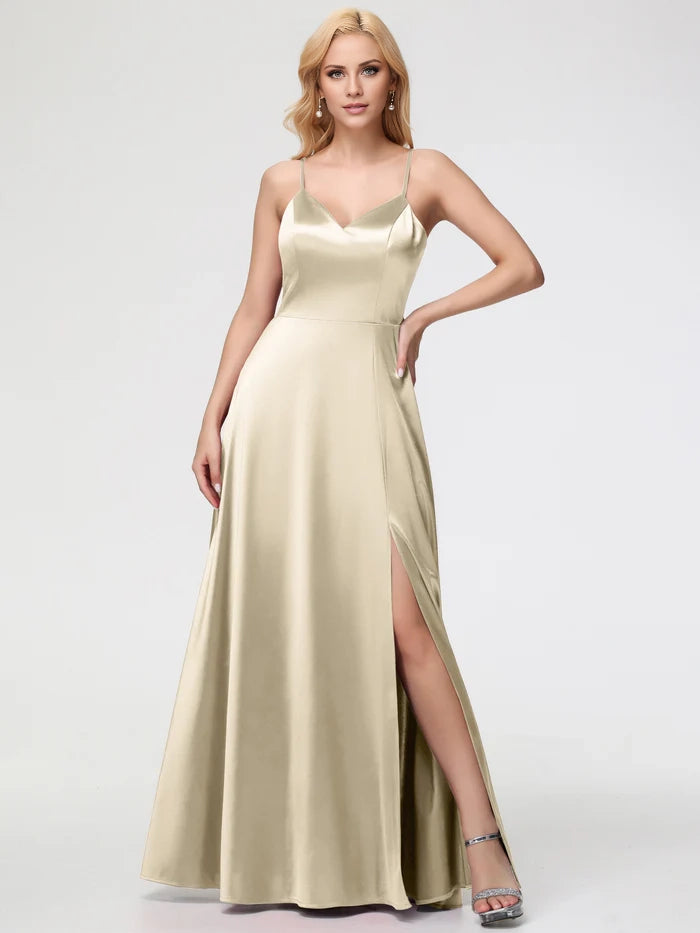 Fuchsia Prom Dress A Line V Neck Spaghetti Straps Sleeveless Satin Prom Dresses