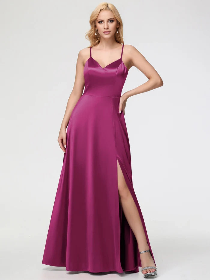 Fuchsia Prom Dress A Line V Neck Spaghetti Straps Sleeveless Satin Prom Dresses