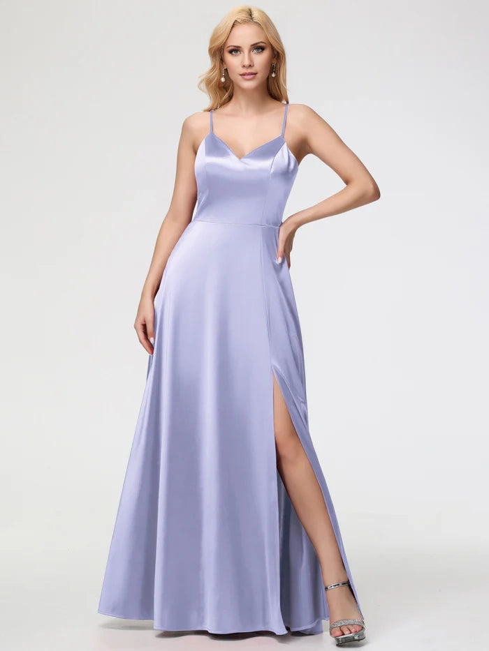 Fuchsia Prom Dress A Line V Neck Spaghetti Straps Sleeveless Satin Prom Dresses