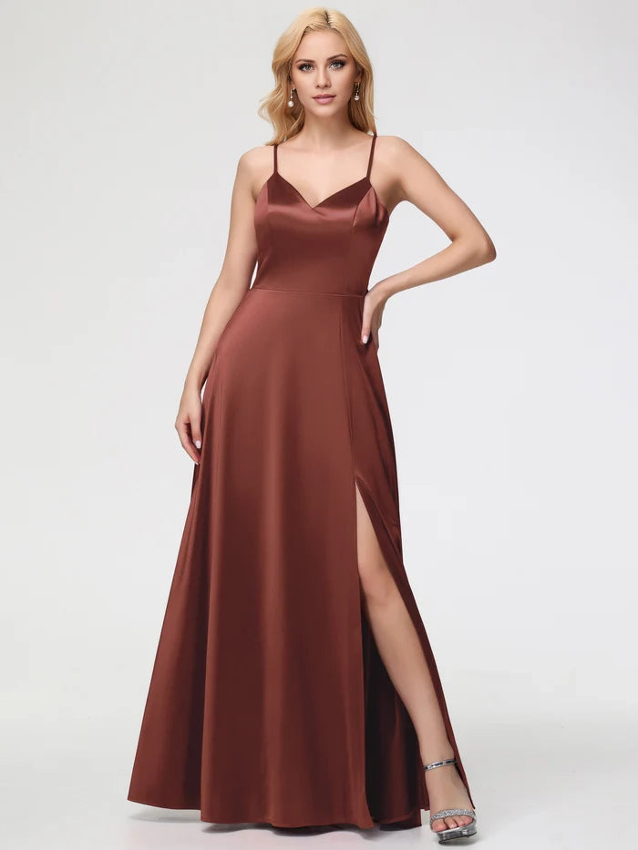 Fuchsia Prom Dress A Line V Neck Spaghetti Straps Sleeveless Satin Prom Dresses