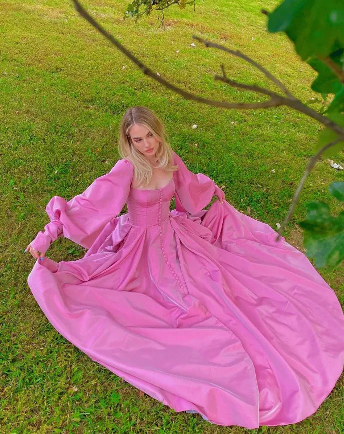 Fuchsia Puff Sleeve Satin Vintage Ball Gown – Prom Wedding Evening Dress