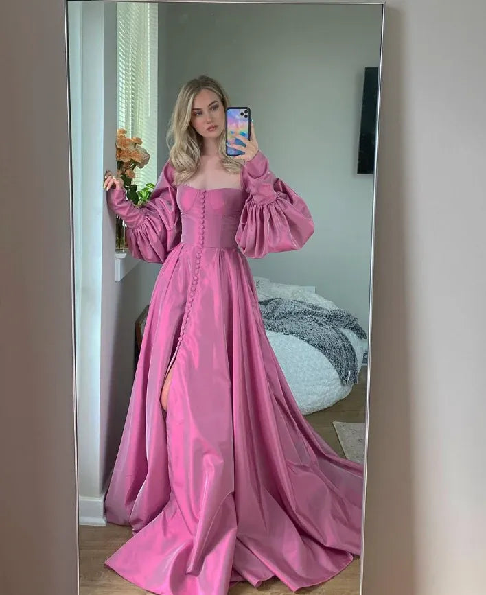 Fuchsia Puff Sleeve Satin Vintage Ball Gown – Prom Wedding Evening Dress
