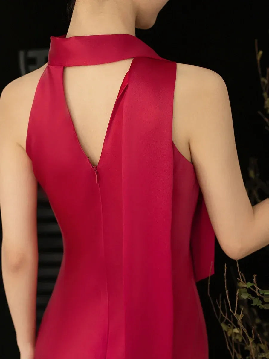 Fuchsia Satin Halter Neck Asymmetric Hem Maxi Dress