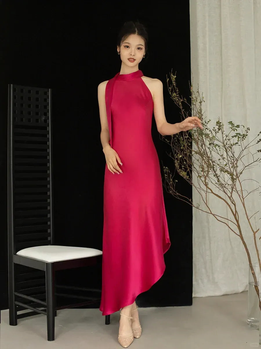 Fuchsia Satin Halter Neck Asymmetric Hem Maxi Dress