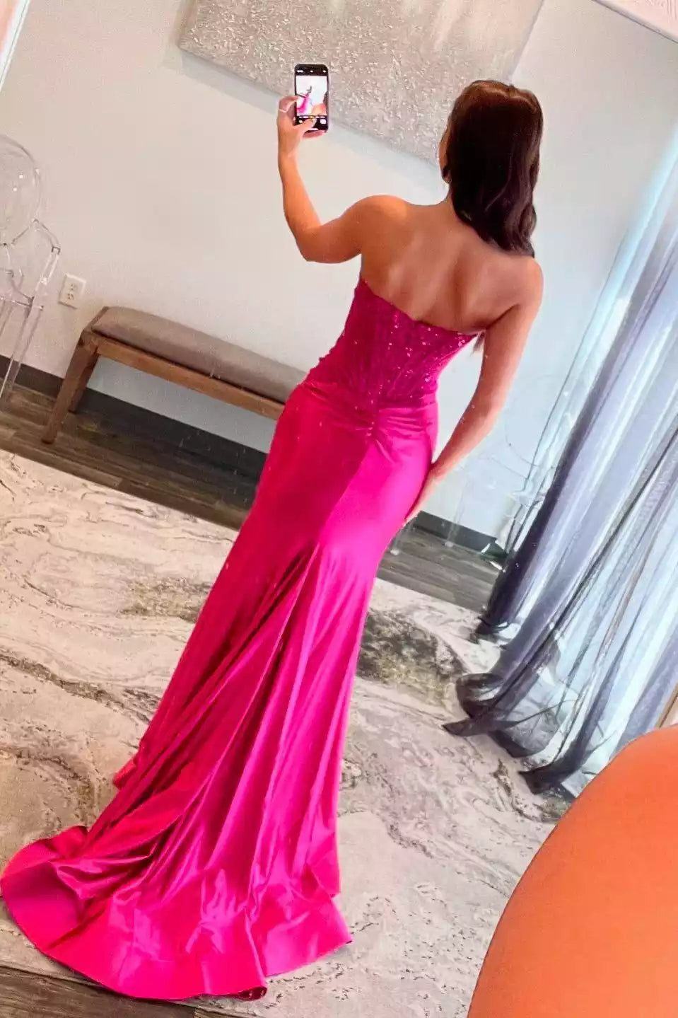 Fuchsia Satin Strapless Sequin-Embellished Mermaid Gown – Bold & Glamorous Evening Party Dress