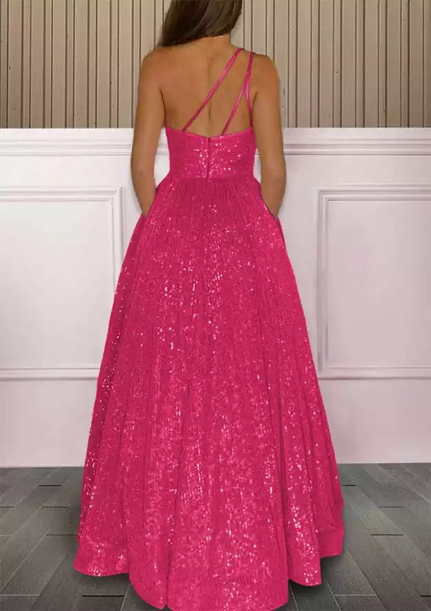 Fuchsia Sequin Asymmetric-Strap A-Line Gown – Bold & Glittering Evening Party Dress