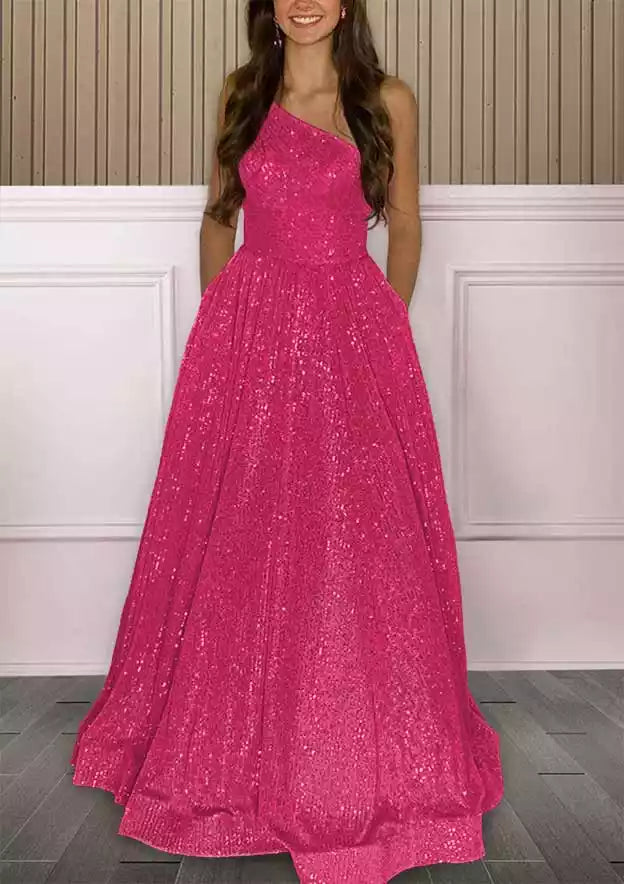 Fuchsia Sequin Asymmetric-Strap A-Line Gown – Bold & Glittering Evening Party Dress
