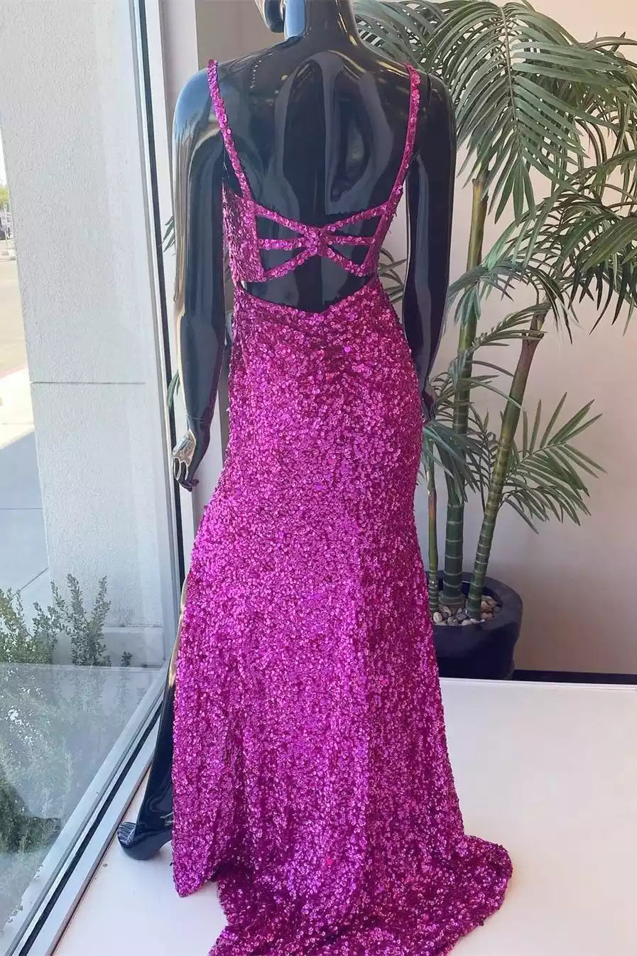 Fuchsia Sequin Crisscross-Back Mermaid Gown – Bold & Glittering Evening Party Dress