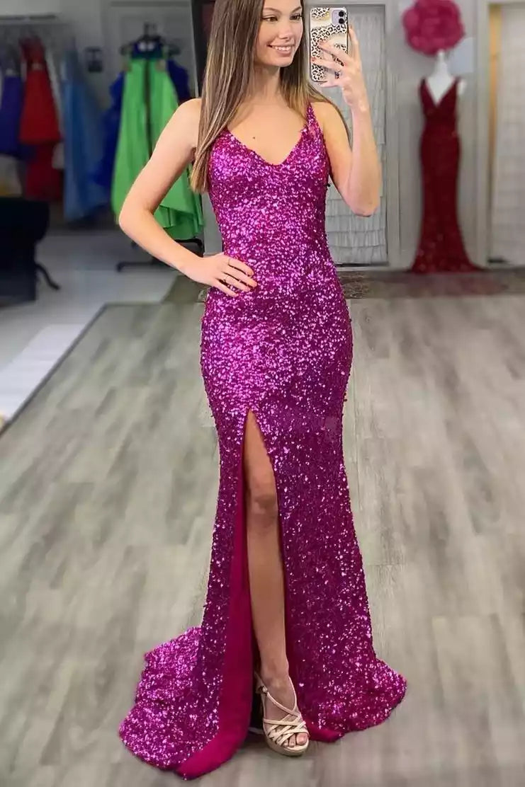 Fuchsia Sequin Crisscross-Back Mermaid Gown – Bold & Glittering Evening Party Dress