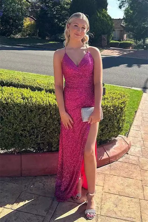 Fuchsia Sequin Halter-Neck Mermaid Gown – Dazzling & Modern Evening Party Dress