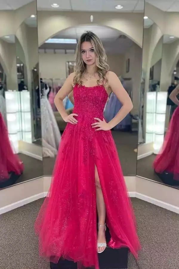 Fuchsia Tulle Lace Two-Piece Crisscross Back A-Line Gown – Bold & Romantic Evening Party Dress