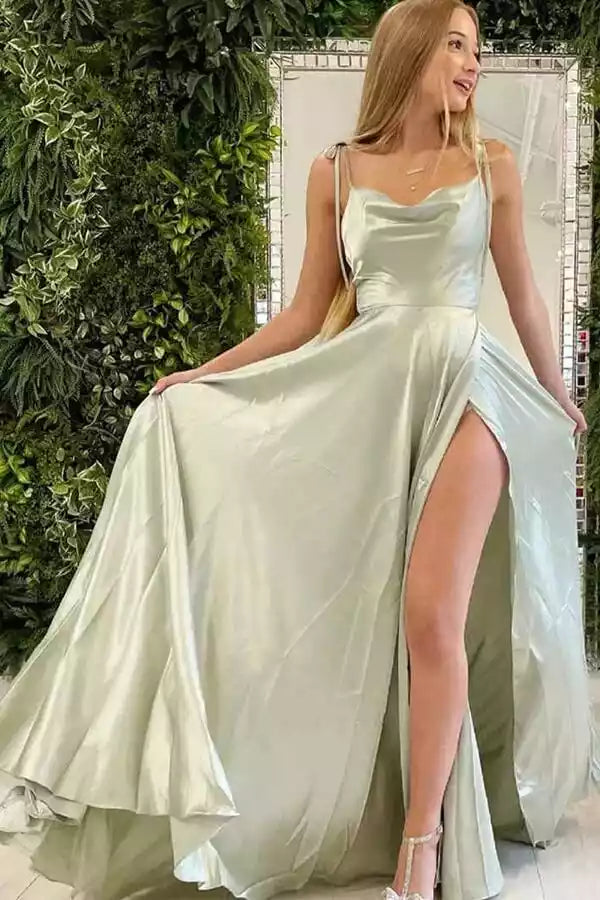 Full of charm, silk A-line hanging collar with natural waistline, sleeveless and floor Prom Dresses