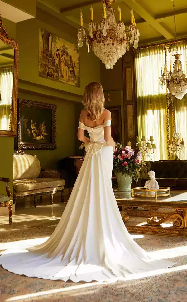 V Neck A Line Off the Shoulder Wrap the Buttocks Evening Dress with Attached Train