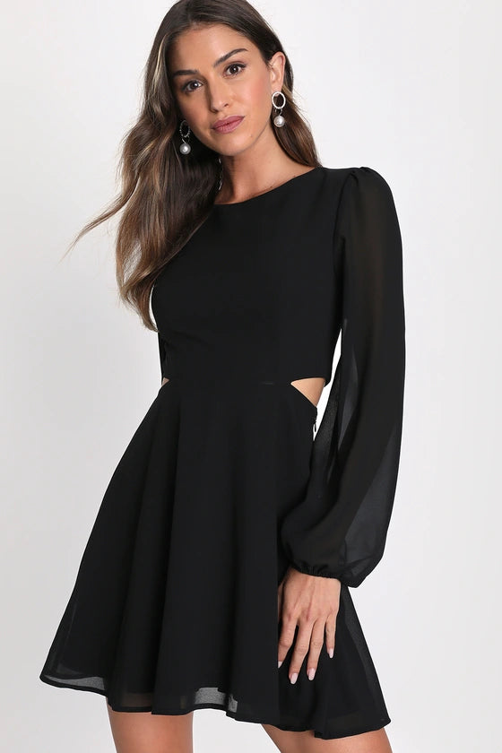 Garden Bliss Dark Blue Long Sleeve Cutout Mini Dress