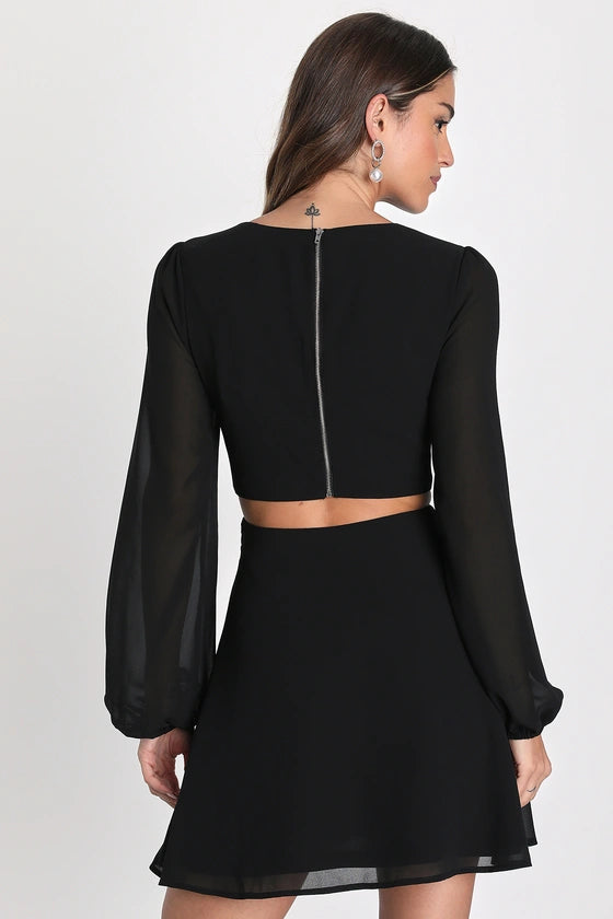 Garden Bliss Dark Blue Long Sleeve Cutout Mini Dress