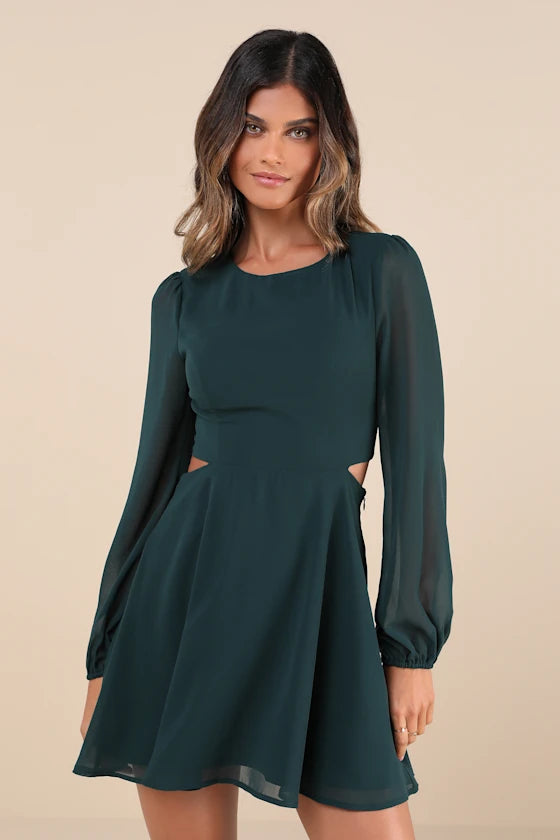 Garden Bliss Dark Blue Long Sleeve Cutout Mini Dress