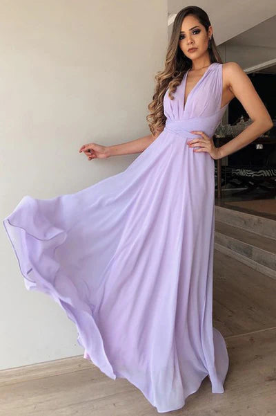 Gentle A-Line Plunging V-Neck Halter-Back Lavender Chiffon Floor-Length Bridesmaid Dresses