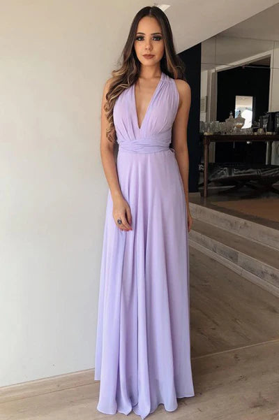 Gentle A-Line Plunging V-Neck Halter-Back Lavender Chiffon Floor-Length Bridesmaid Dresses