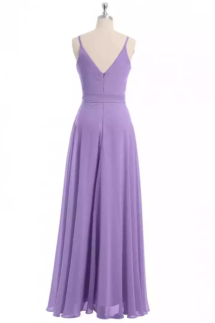 Gentle Lavender Chiffon Gown with Spaghetti Strap V-Neck & Wrap Tie Waist