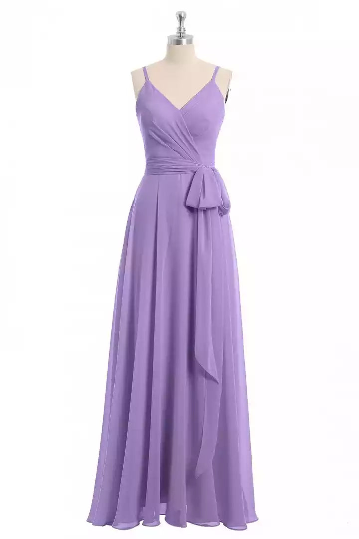 Gentle Lavender Chiffon Gown with Spaghetti Strap V-Neck & Wrap Tie Waist