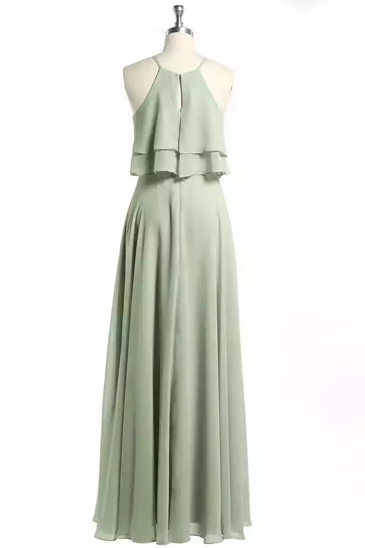 Gentle Sage Green Chiffon Gown with Halter Ruffled Overlay & Keyhole Back