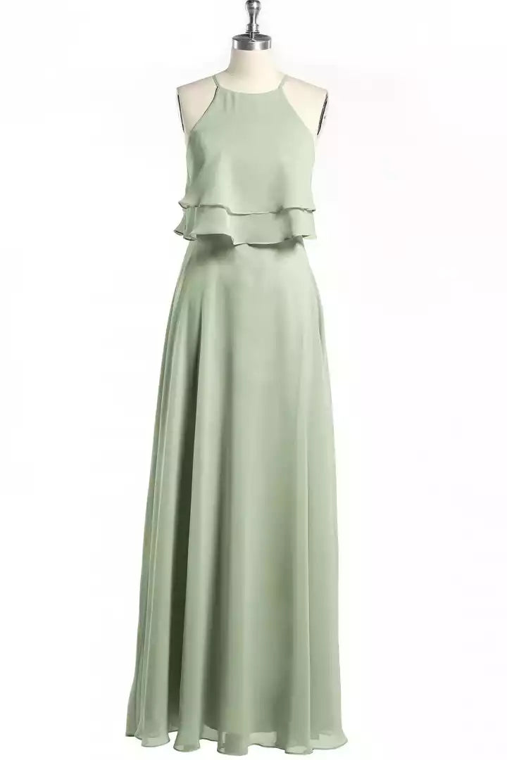Gentle Sage Green Chiffon Gown with Halter Ruffled Overlay & Keyhole Back