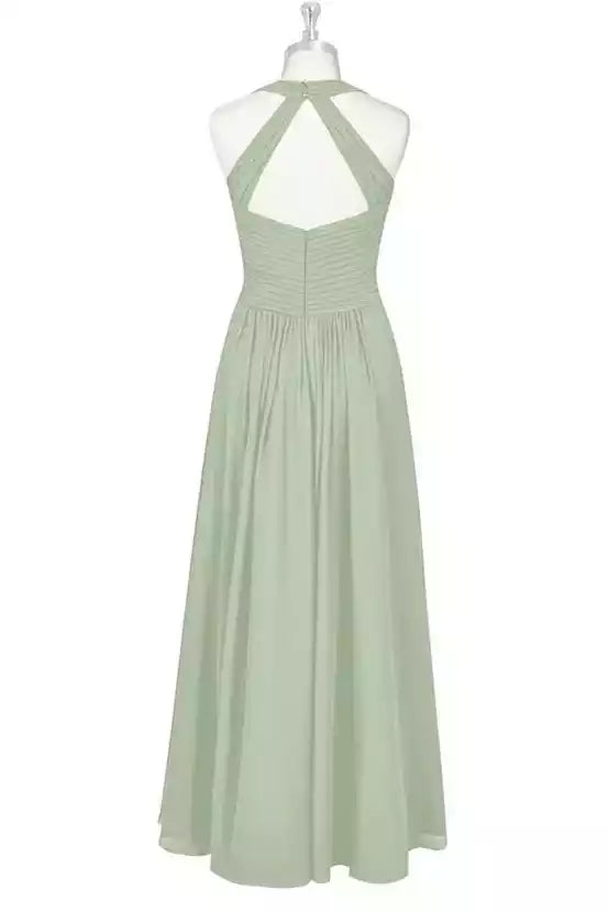 Gentle Sage Green Chiffon Gown with Halter V-Neck & Ruched Bodice