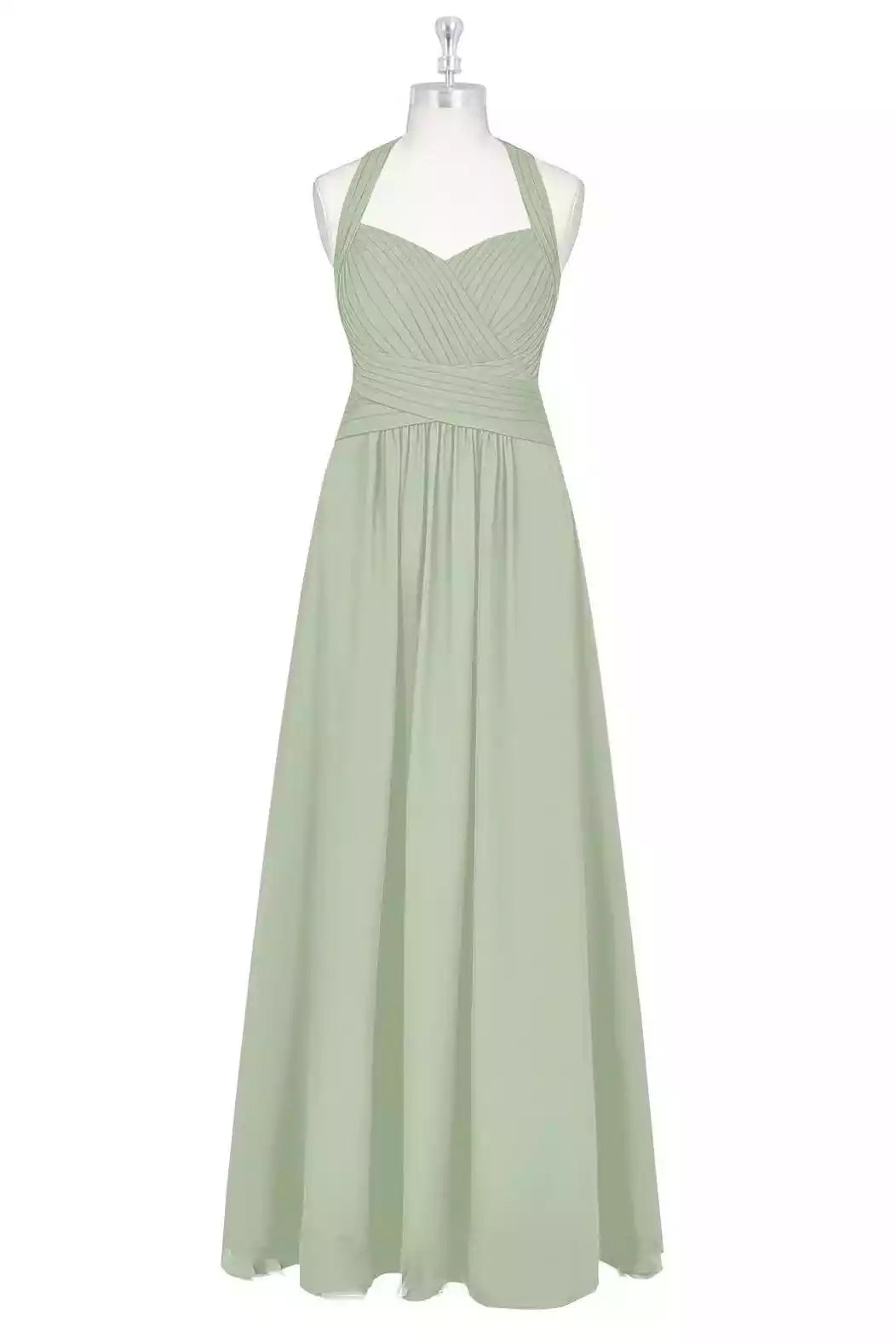 Gentle Sage Green Chiffon Gown with Halter V-Neck & Ruched Bodice