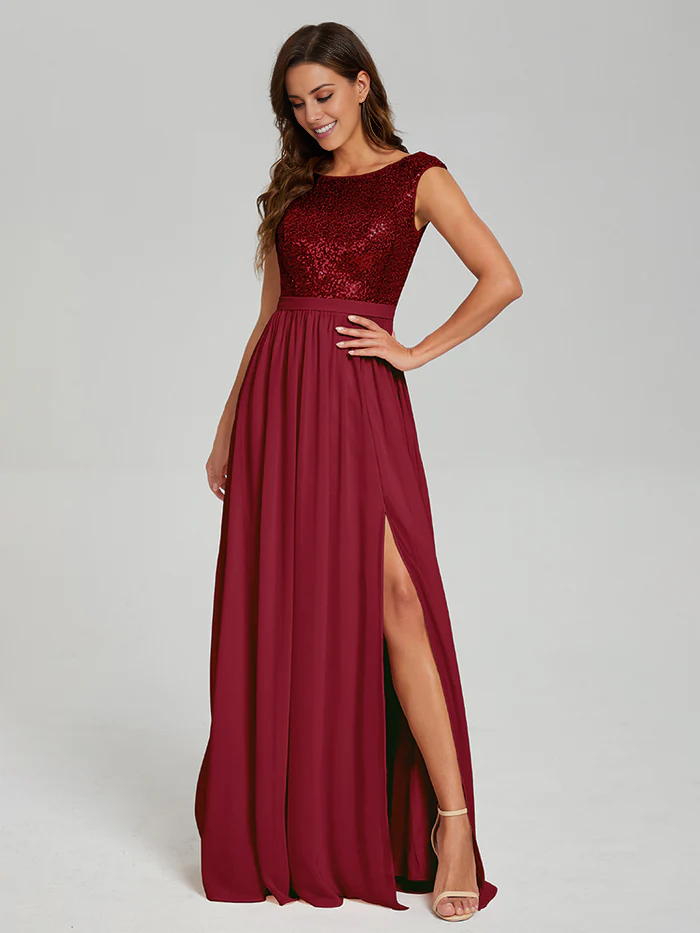 Glamorous A - Line Boat Neck Sleeveless V - Back Long Length Prom Dresses