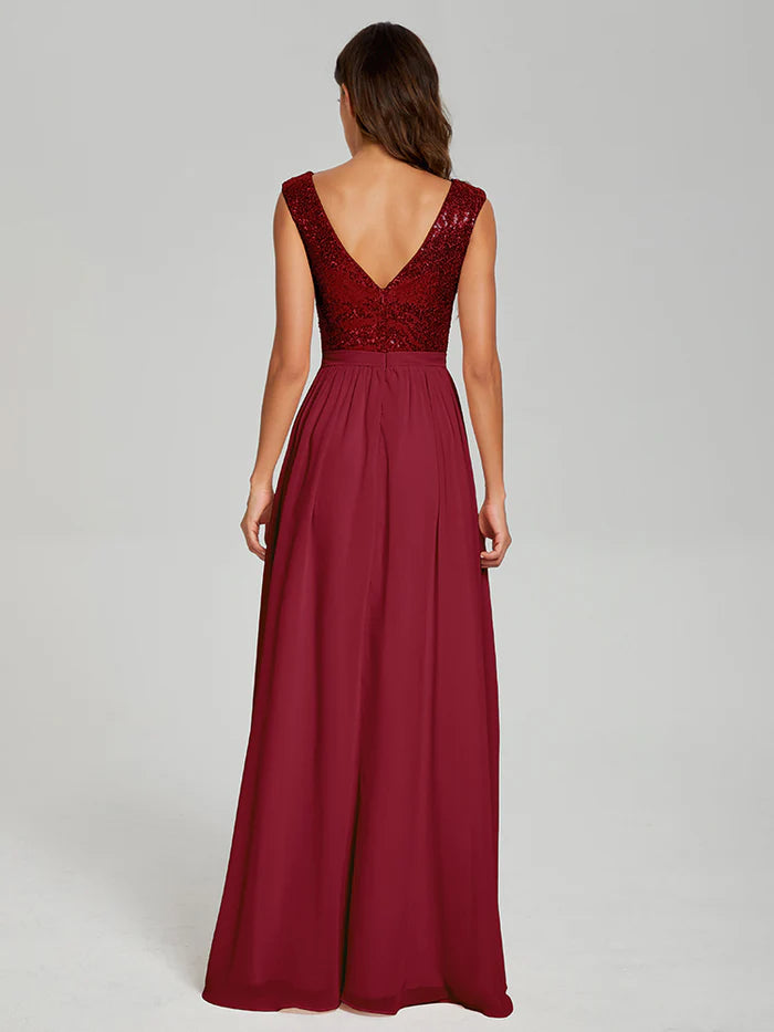 Glamorous A - Line Boat Neck Sleeveless V - Back Long Length Prom Dresses