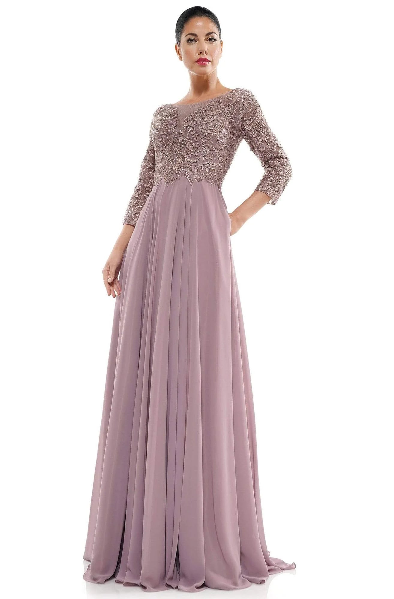 Glamorous A-Line Boat-Neck Three-Quarter-Sleeve Embellished-Back Dusty-Lilac Chiffon Floor-Length Mother of the Bride Dresses