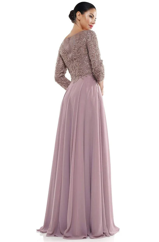Glamorous A-Line Boat-Neck Three-Quarter-Sleeve Embellished-Back Dusty-Lilac Chiffon Floor-Length Mother of the Bride Dresses