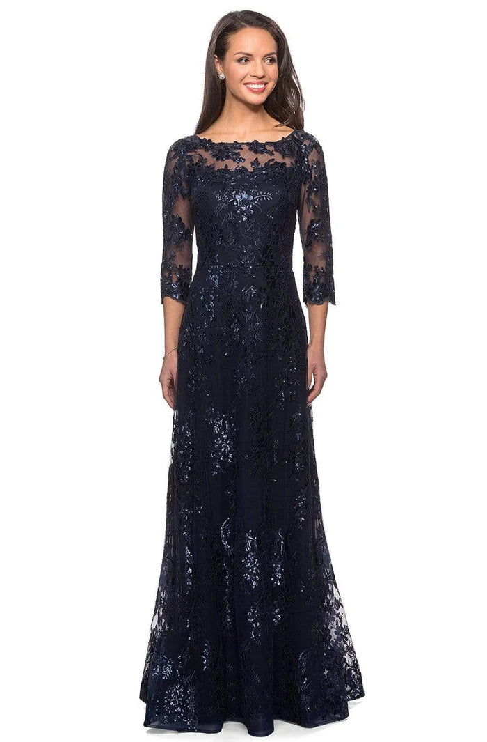 Glamorous A-Line Boat-Neck Three-Quarter-Sleeve Sheer-Back Navy Sequin-Lace Floor-Length Mother of the Bride Dresses