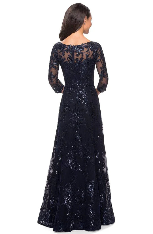 Glamorous A-Line Boat-Neck Three-Quarter-Sleeve Sheer-Back Navy Sequin-Lace Floor-Length Mother of the Bride Dresses