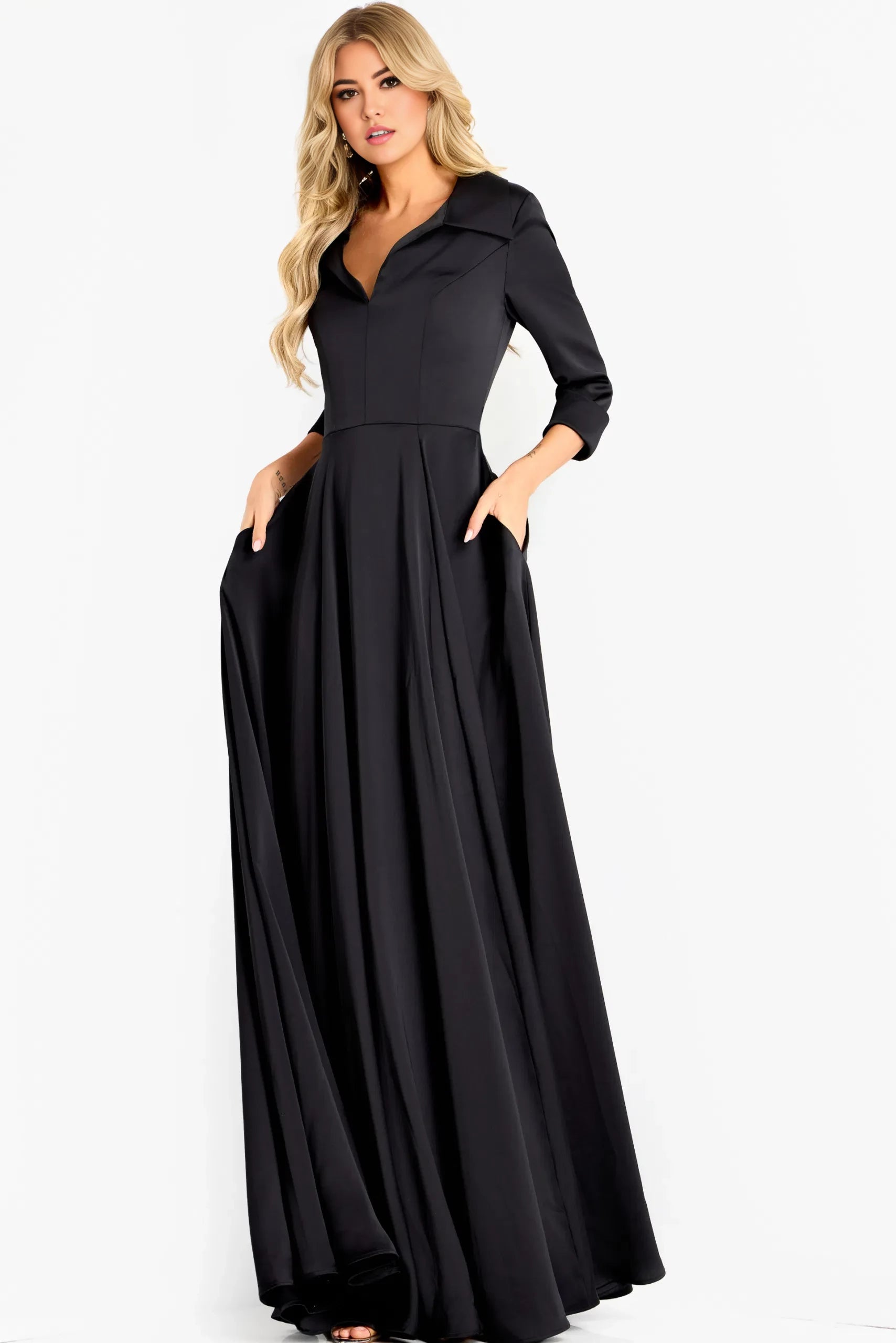 Glamorous A-Line Collared-V-Neck Three-Quarter-Sleeve Long Length Evening Dresses