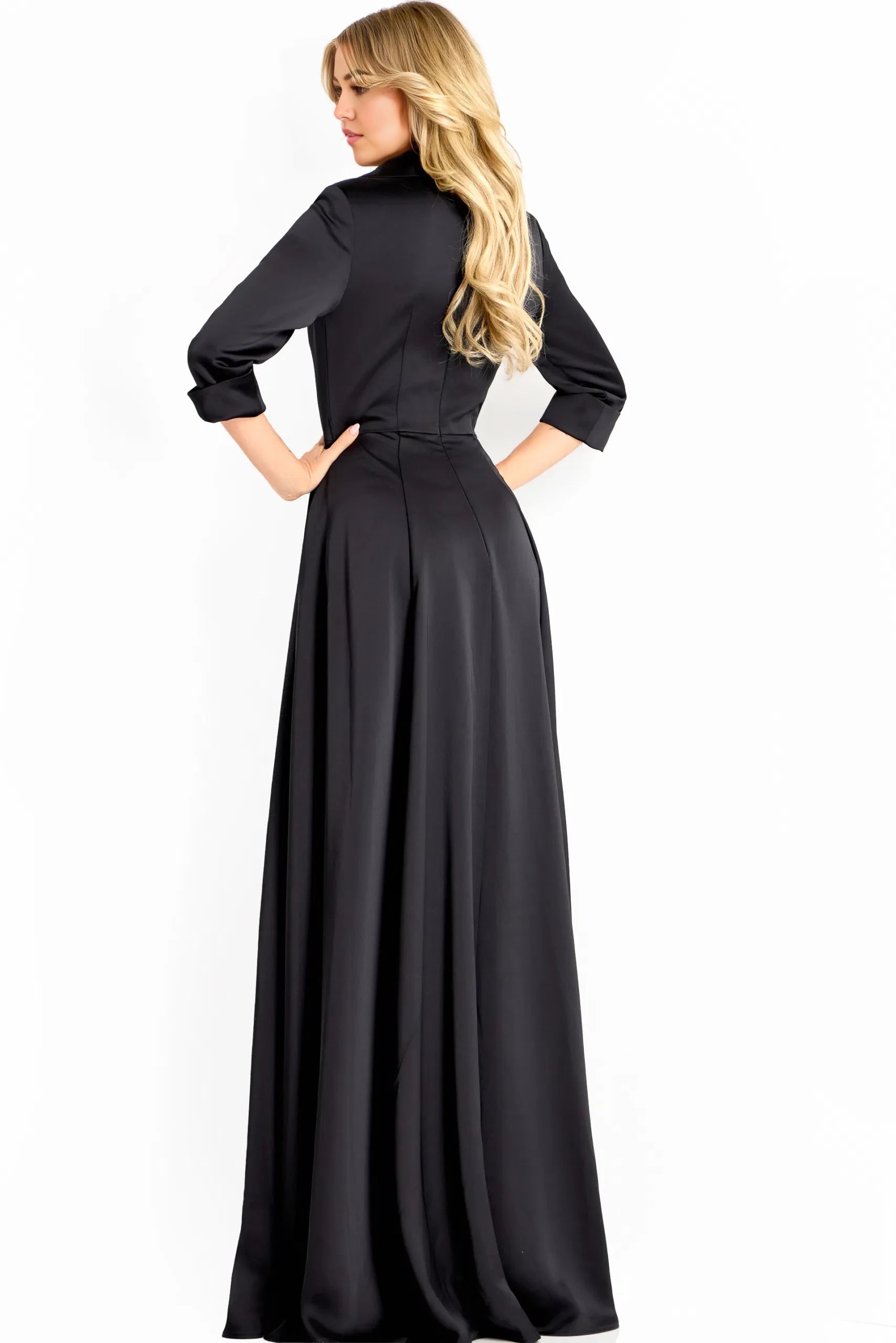 Glamorous A-Line Collared-V-Neck Three-Quarter-Sleeve Long Length Evening Dresses