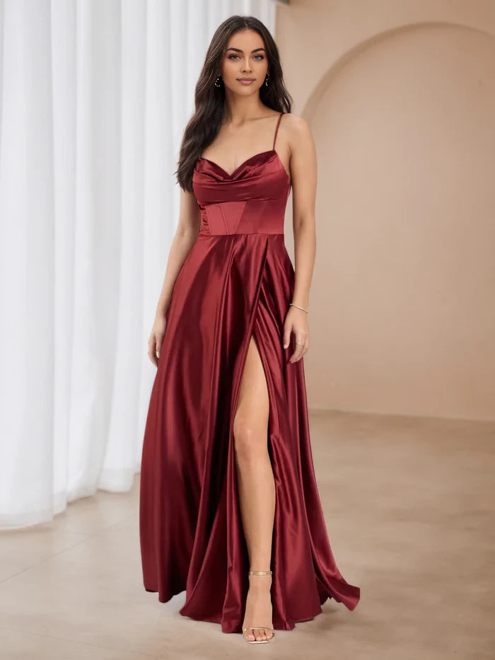 Glamorous A - Line Cowl Neck Sleeveless Plain Back Floor Length Prom Dresses