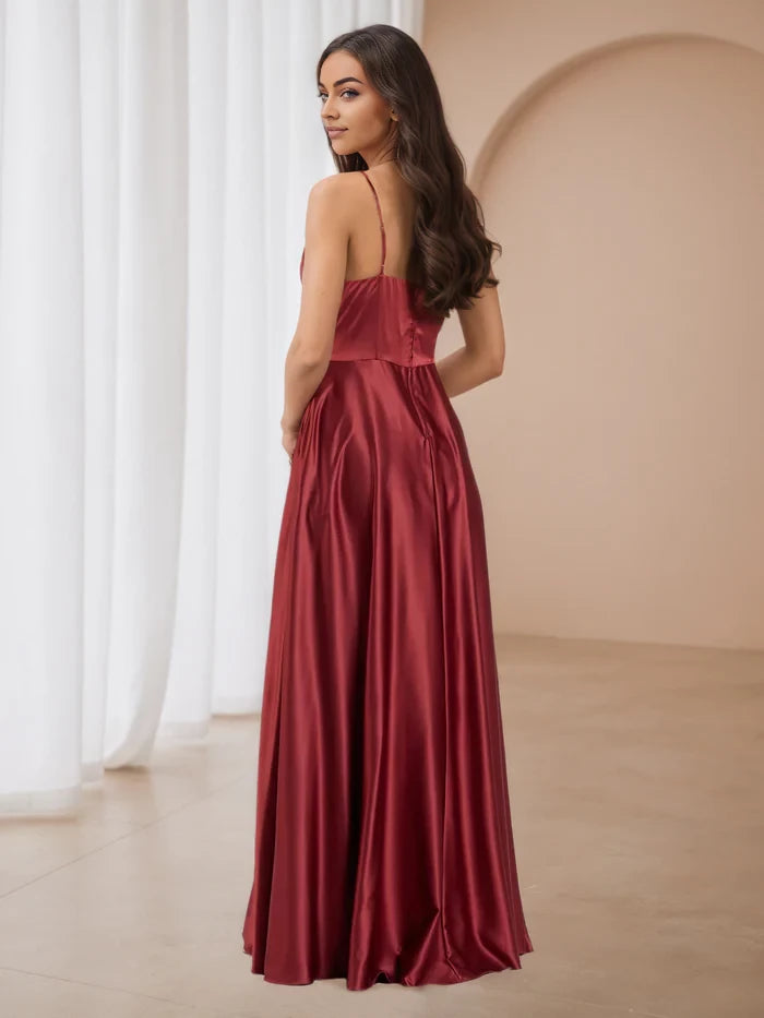 Glamorous A - Line Cowl Neck Sleeveless Plain Back Floor Length Prom Dresses