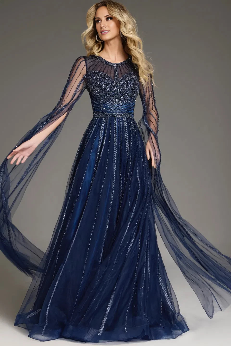 Glamorous A-Line Crew Neck Beaded-Cape-Sleeve Open-Back Long Length Evening Dresses
