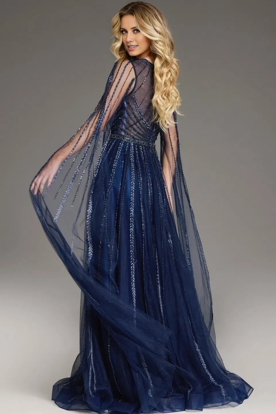 Glamorous A-Line Crew Neck Beaded-Cape-Sleeve Open-Back Long Length Evening Dresses