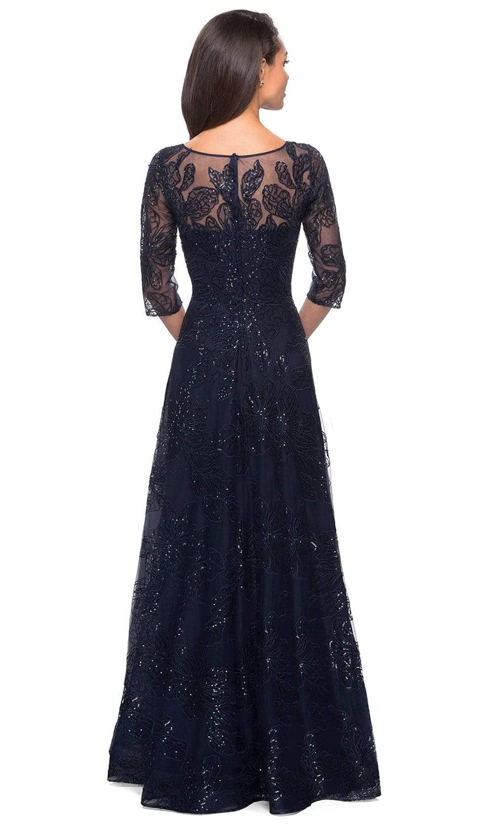 Glamorous A-Line Crew-Neck Three-Quarter-Sleeve Sheer-Back Navy Sequin-Lace Floor-Length Mother of the Bride Dresses
