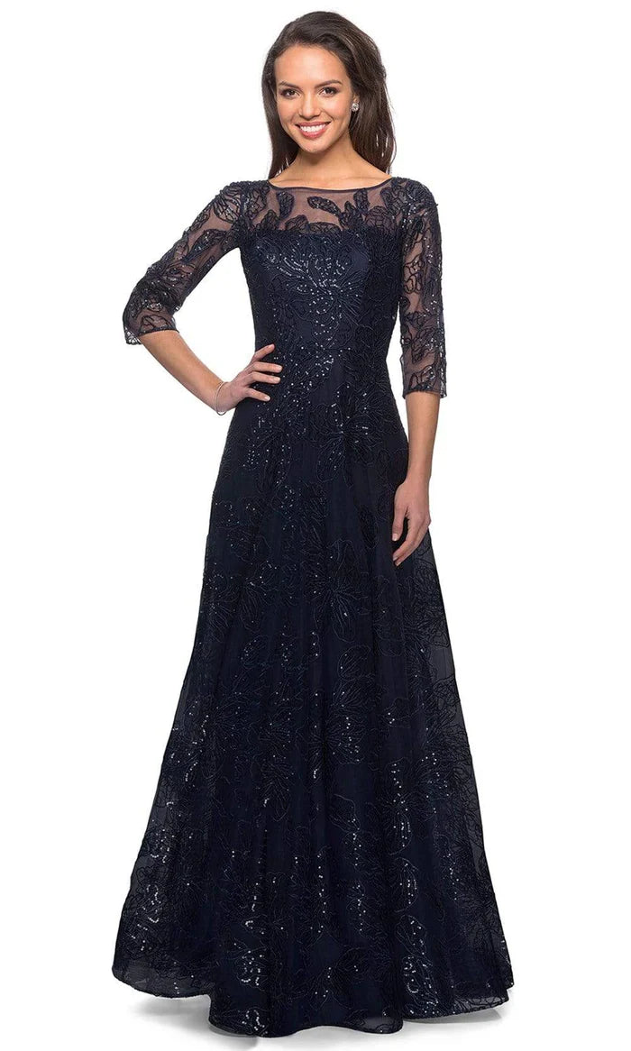 Glamorous A-Line Crew-Neck Three-Quarter-Sleeve Sheer-Back Navy Sequin-Lace Floor-Length Mother of the Bride Dresses