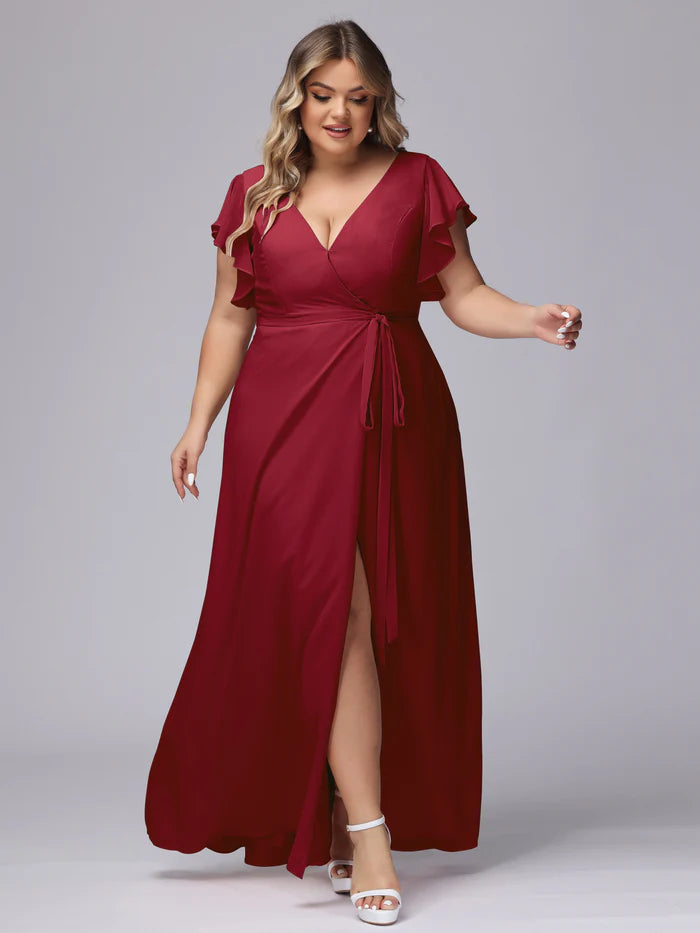 Plus Size Glamorous A-Line Deep V-Neck Ruffled-Sleeve Closed-Back Burgundy Chiffon Floor-Length Bridesmaid Dresses