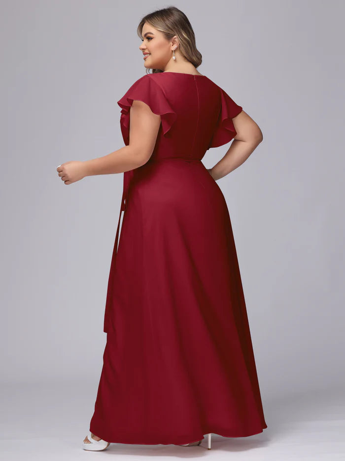 Plus Size Glamorous A-Line Deep V-Neck Ruffled-Sleeve Closed-Back Burgundy Chiffon Floor-Length Bridesmaid Dresses
