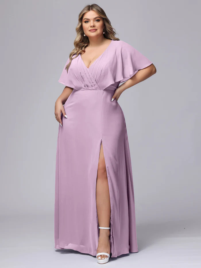 Plus Size Glamorous A-Line Deep V-Neck Ruffled-Sleeve Keyhole-Back Dusty Lavender Chiffon Floor-Length Bridesmaid Dresses