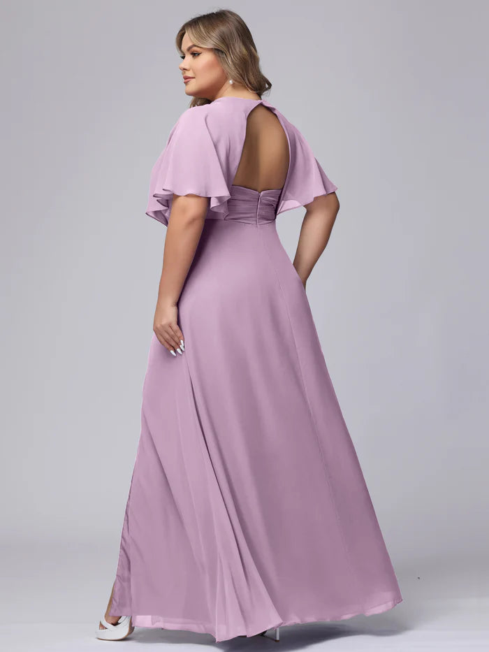 Plus Size Glamorous A-Line Deep V-Neck Ruffled-Sleeve Keyhole-Back Dusty Lavender Chiffon Floor-Length Bridesmaid Dresses