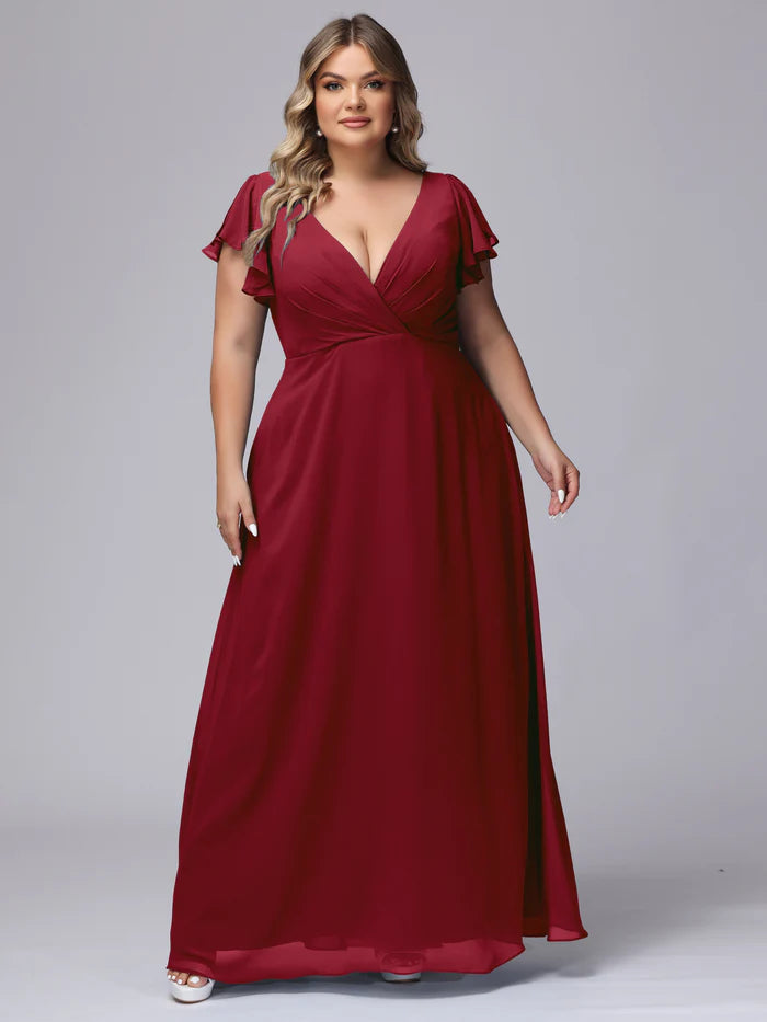 Plus Size Glamorous A-Line Deep V-Neck Ruffled-Sleeve Square-Back Burgundy Chiffon Floor-Length Bridesmaid Dresses